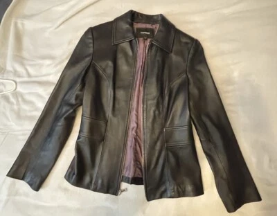 Chaqueta Express de cuero genuino marrón oscuro para mujer talla 8 con cremallera vintage Foto 1 de 4