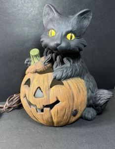 Gato Negro De Colección Con Linterna Jack O Iluminar Cerámica Halloween Gato y Calabaza - Imagen 1 de 12