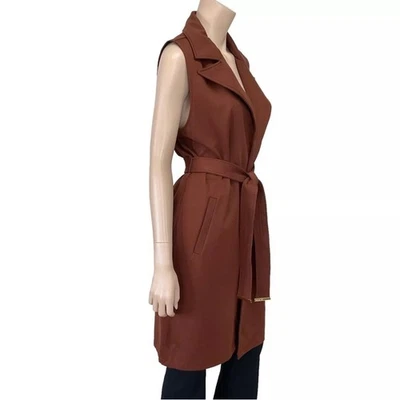 Jaqueta Ponte Marc New York Andrew Marc Marrom Longline Aberta com Cinto Tamanho Pequeno - Imagem 1 de 4