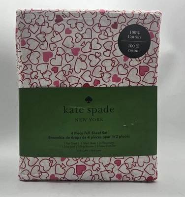 Полный комплект простыней Kate Spade 100% хлопок перкаль розовый красный контур сердца белый 4 шт.  - Изображение 1 из 4