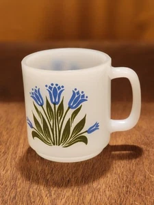 Vintage Glasbake McKee Blue Tulip Milk Glass Mug, MCM Coffee/Tea Mug Flowers - Picture 1 of 5