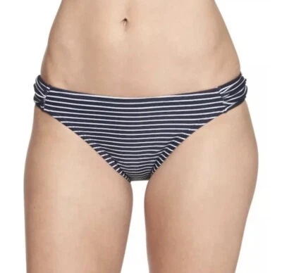 Love By Gap High Cut Ruched Bikini Bottom Swimsuit NWT NEW Size L Navy Stripe - Image 1 of 4