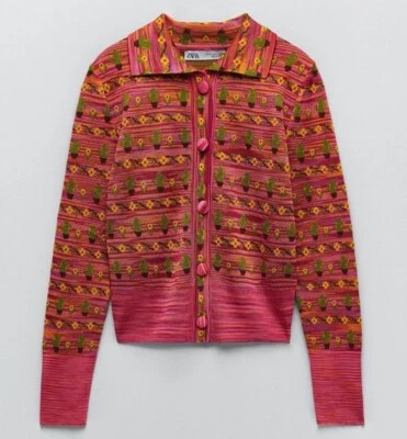 Cárdigan Suéter Zara Rosa Flor Cactus Retro Boho Hippie Informal Talla Pequeña Foto 1 de 4