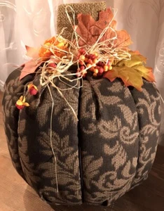 Fabric Autumn Thanksgiving Pumpkin Burlap Stem Raffia Faux Leaves Berries 12” - Picture 1 of 8