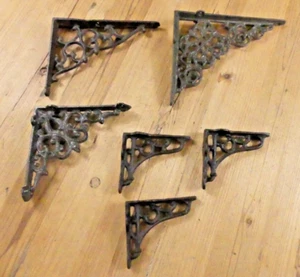 6 Shelf Brackets Cast Iron Rustic Welding **READ** ROUGH PATCHES CHIPS STEAMPUNK - Picture 1 of 12