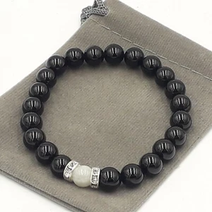 Handmade Moonstone & Black Onyx Crystal Healing Gemstone Stretch Chakra Bracelet - Picture 1 of 5