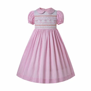 Girls Handmade Smocked Dress Formal Party Puff Sleeve Pink Clothes Size 2-12 - Picture 1 of 19