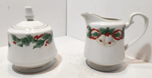 Vtg Sango Noel 1990 #8401 Creamer & Sugar Bowl Set Holly Ribbons Bells Christmas - Picture 1 of 20