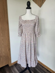 Yoviteme Smocked Chic Floral Midi Dress in Cream and Pink - Picture 1 of 5