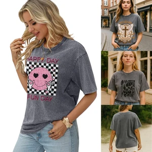 Camiseta vintage lavada con ácido para mujer 100 % algodón camiseta con hombros caídos S-XXL - Imagen 1 de 41