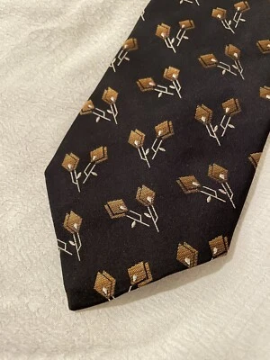 Vintage Kenzo Homme Designer Neck Tie Geometric Pattern Floral Black Gold - Image 1 of 4