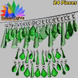 24 Emerald Green Crystals Drops Glass Chandelier Parts Retro Wedding Decorations - Picture 1 of 13