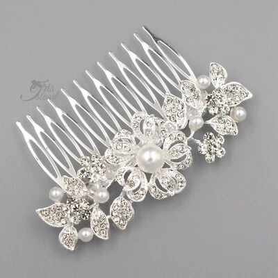 婚礼发梳珍珠透明水晶头饰配件银色花朵 40005 — 第 1/4 张图片