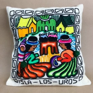 Handgefertigte peruanische Volkskunst Wolle bestickt Kissen Isla-Los-Uros 16" x 16" - Bild 1 von 18