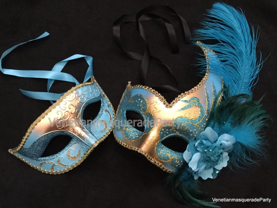 Royal Gold Couple Masquerade ball Ostrich feather mask Halloween Costume Party - Image 1 of 1