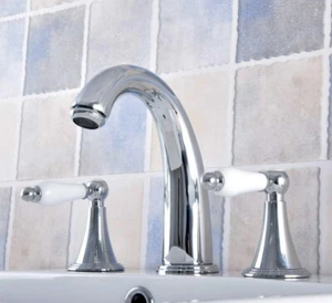 Polished Chrome Widespread 3 Holes Bathroom Faucet Ceramic Handle Mixer Tap - Picture 1 of 7