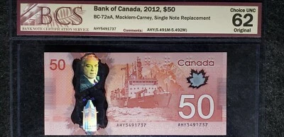 Bank of Canada 2012 $50 BC-72aA Single Note Replacement (SN:AHY5491737) CUNC 62 - Image 1 of 2