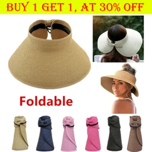 Roll Up Sun Visor Wide Brim Straw Hat Summer Foldable UV Protection Cap - Picture 1 of 26