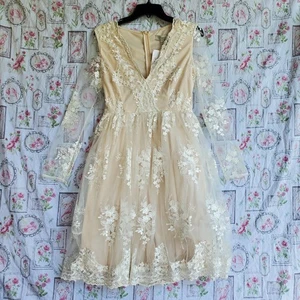 Maniju Lace Tulle Sheer Sleeve Cocktail Party Dress Ivory Size Small - Picture 1 of 6