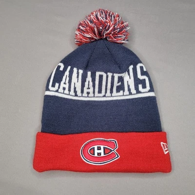Montreal Canadiens Sombrero Gorro Para Hombres Azul Rojo NHL Hockey Pom Puño New Era Fan Foto 1 de 4