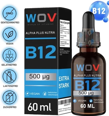 WOV® WOV Vitamin B12 Tropfen 60ml–500µg pro Tropfen (2000 Tropfen), Hochdosiert Vegan