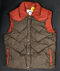 70s Vintage Woolrich Down Puffer Vest Medium Burnt Orange Snap Button Suede Yoke - Picture 1 of 14