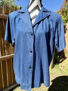Camisa vintage Bis Bis Gene Ewing para mujer azul cambray broches pequeños hombreras - Imagen 1 de 10