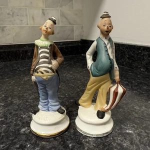 Clown Hobo Set of 2 Ceramic Figurines Bisque Gold/Silver Trim Vintage - Picture 1 of 20
