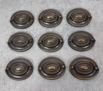Antique Oval Drawer Pulls Hepplewhite 2 1/2" Bore Brass Plated Steel - Image 1 of 2