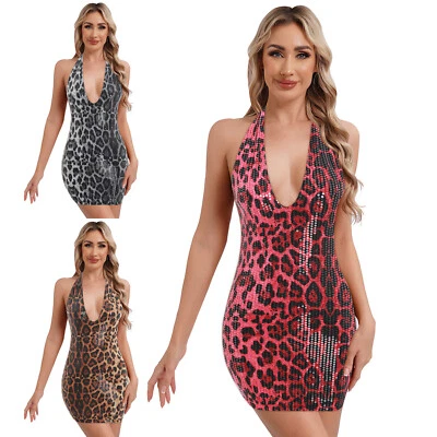 Mini vestido ceñido al cuerpo de lentejuelas con estampado de leopardo y cuello en V halter sin espalda ropa de club nocturno para mujer Foto 1 de 3