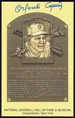 Orlando Cepeda Autographed Yellow Hall of Fame Plaque Postcard JSA Authentic - Image 1 of 3