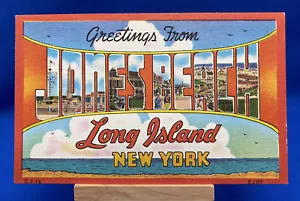Greetings From Jones Beach Long Island NY Large Letter Linen Unposted c.1940's - Picture 1 of 2