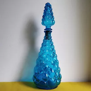 Vintage Italian Glass Bubble Genie Empoli Made in Italy Bottle Blue & Stopper - Picture 1 of 18