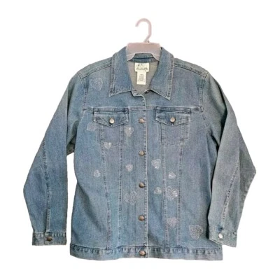 Quacker Factory Cotton Denim Jeans Jacket, Embellish Bead Sparkle Hearts Size L - Image 1 of 4