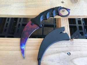 CSGO Tactical Karambit Neck Knife Survival Hunting Fixed Blade Purple + Sheath - Picture 1 of 2