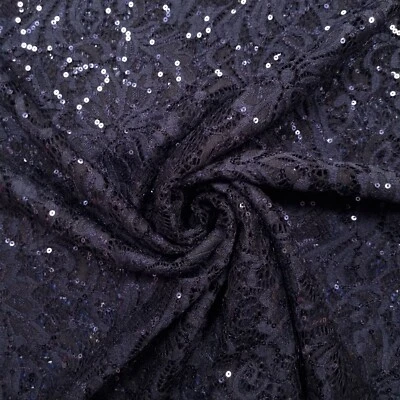 Spitze Stoff Kleiderstoff mit Blumenmuster und Pailetten, dunkelblau 50 cm - Bild 1 von 4