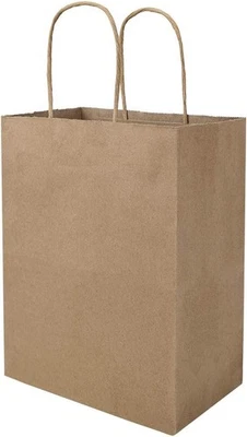 100 Pack 8x4.75x10 inch Plain Medium Paper Brown Kraft Bags with Handles Bulk Foto 1 de 4