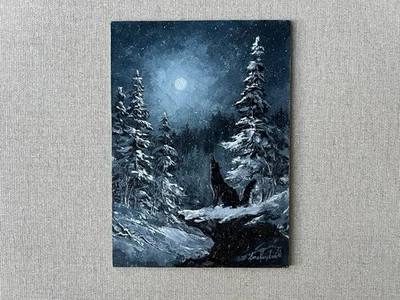 Wolf howling at the moon, original painting of a wolf In Snowy Winter Forest Art - Image 1 of 4