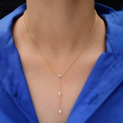 Collar cadena Lariat diamante natural 0,48 quilates SI/H regalo oro amarillo macizo 14 k Foto 1 de 4