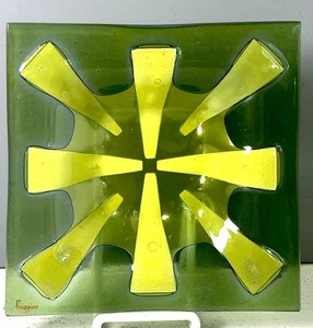 FAB!! MCM HIGGINS SIGNED ART GLASS SQUARE PLATE TRAY GREEN YELLOW SUN RAYS 7” - Picture 1 of 5