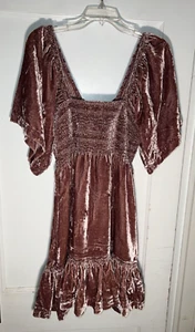 Free People NWT Easy to Love Velvet Smocked Pink Mini Dress Size L - Picture 1 of 13