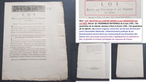 Loi 1792 Premier document officiel des Postes "Contreseing & Franchise" Rare