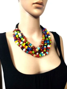 N7902 Bold Tribal Glass Bead Multi Color Strand TIBETAN Ethnic NECKLACE India - Picture 1 of 5