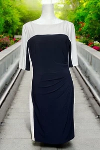 Chaps Dress Women Size Med - 1/2 Sleeves Blue & White Ruched Stretch Lined - Picture 1 of 6