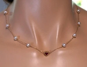 Vint Peter S. Braun 14k Yellow Gold Heart Shaped Ruby & 8 - 6mm Pearls Necklace - Picture 1 of 11