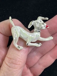 Playful Dog White Red Enamel Vintage Metal Brooch Pin M-6894 - Picture 1 of 4