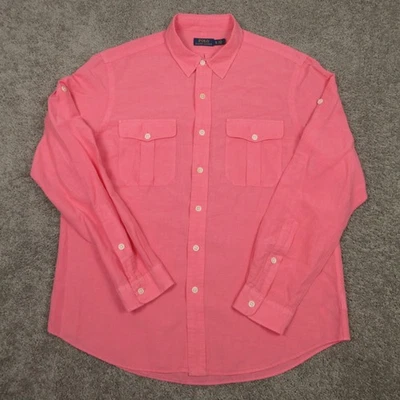 Polo Ralph Lauren Shirt Mens XL Pink Solid Linen Silk Blend Work Pocket Roll Tab - Image 1 of 4