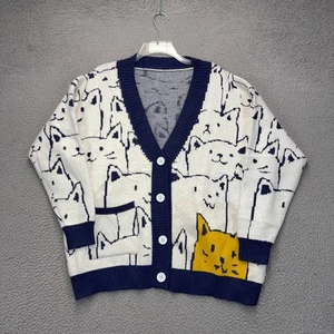 Cárdigan suéter Cat Collage para mujer XL blanco azul botón delantero hipster gatito - Imagen 1 de 9