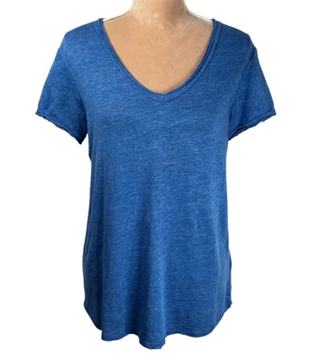 Camiseta pequeña para mujer J. McLaughlin mezcla de lino azul cuello en V elástica verano Foto 1 de 4