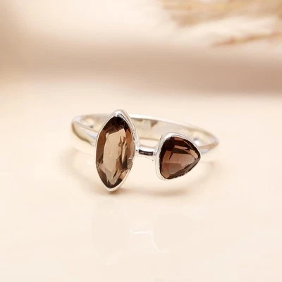 Anillo de promesa de doble piedra de cuarzo ahumado marquesa de plata de ley 925 para mujer Foto 1 de 4